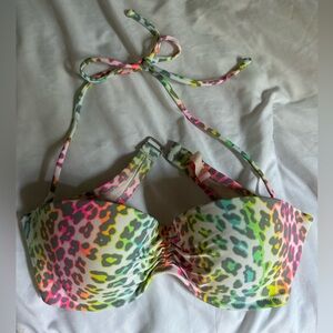 Victorias Secret Bikini Top 36B Push Up Neon Leopard Print Bandeau Halter Straps